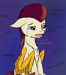 Size: 1748x1989 | Tagged: safe, anonymous artist, derpibooru import, rocky riff, pegasus, pony, g5, crying, derpibooru exclusive, dialogue, floppy ears, image, jewelry, male, necklace, open mouth, png, sad, sitting, sketchy, solo, spread wings, stallion, text, vent art, wings