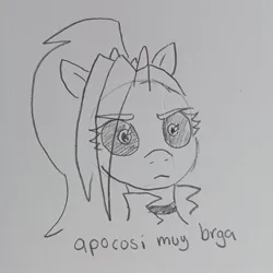 Size: 1362x1362 | Tagged: safe, artist:pony quarantine, derpibooru import, oc, oc:dyx, unofficial characters only, alicorn, pony, bust, eye clipping through hair, female, filly, foal, grayscale, image, jpeg, looking at you, monochrome, pen drawing, solo, spanish, traditional art