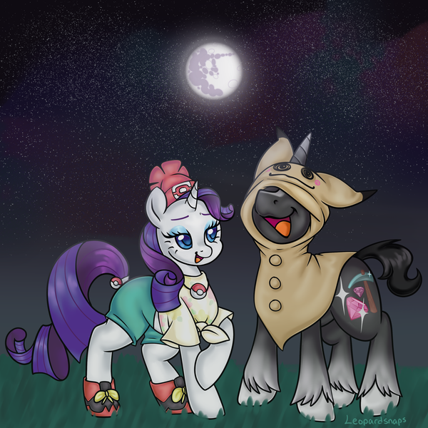 Size: 3000x3000 | Tagged: safe, artist:leopardsnaps, derpibooru import, rarity, oc, oc:crystal nightshine, mimikyu, pony, canon x oc, duo, female, image, implied nightmare moon, implied shipping, male, moon, night, outdoors, png, pokémon, pokémon sun and moon, pokémon trainer, rarinat, straight, trans male, transgender, transgender oc, unshorn fetlocks