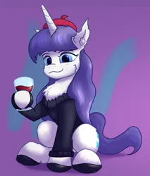 Size: 1830x2143 | Tagged: safe, artist:gosha305, derpibooru import, rarity, pony, unicorn, abstract background, alcohol, beatnik rarity, beret, cheek fluff, chest fluff, clothes, cute, ear fluff, female, french rarity, g4, glass, hat, hoof hold, horn, image, looking at you, mare, png, purple background, raribetes, red wine, simple background, sitting, smiling, smiling at you, solo, sweater, wine, wine glass