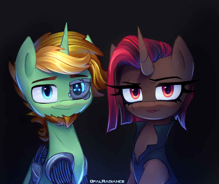 Size: 2800x2363 | Tagged: safe, artist:opal_radiance, derpibooru import, oc, oc:dry land, oc:glow speed, alicorn, pony, unicorn, cyber, female, image, male, mare, png, stallion