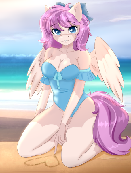Size: 456x601 | Tagged: artist needed, safe, derpibooru import, oc, oc:chai leche, anthro, pegasus, beach, blue eyes, breasts, cleavage, cleavage marking, clothes, coat markings, colored wings, complex background, drawing, female, frilled swimsuit, image, kneeling, looking at you, messy mane, pink mane, png, sand, smiling, swimsuit, two toned mane, two toned wings, wings