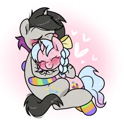 Size: 1200x1200 | Tagged: safe, artist:paperbagpony, derpibooru import, oc, oc:bass spark, blushing, bow, braid, clothes, female, hair bow, heart, hug, image, male, not cozy glow, png, socks, straight, striped socks