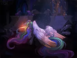 Size: 4000x3000 | Tagged: safe, artist:sweettsa1t, derpibooru import, princess celestia, alicorn, pony, absurd resolution, castle of the royal pony sisters, crepuscular rays, crying, digital art, ethereal mane, ethereal tail, eyes closed, feather, female, folded wings, g4, glow, glowing horn, high res, horn, image, magic, mare, moonlight, open mouth, png, rock, ruins, sad, sitting, solo, stairs, starry mane, starry tail, tail, teeth, throne, throne room, unshorn fetlocks, wings