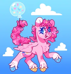 Size: 3500x3685 | Tagged: safe, artist:cocopudu, derpibooru import, pinkie pie, pegasus, pony, balloon, chest fluff, cloven hooves, female, freckles, hooves, image, jpeg, looking at you, mare, multicolored hooves, open mouth, open smile, pegasus pinkie pie, race swap, sky background, smiling, smiling at you, solo