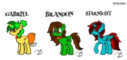 Size: 1520x720 | Tagged: safe, derpibooru import, oc, oc:brandon, oc:gabriel, oc:starnight, unofficial characters only, alicorn, pegasus, pony, unicorn, alicorn oc, bell, bell collar, collar, glasses, horn, image, jewelry, male, pegasus oc, png, regalia, signature, simple background, stallion, unicorn oc, wings