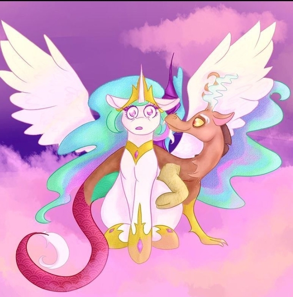 Size: 712x722 | Tagged: safe, artist:holdbackthenight, derpibooru import, discord, princess celestia, cloud, crown, digital art, dislestia, female, image, jewelry, jpeg, male, pink background, regalia, shipping, simple background, spread wings, straight, sunset, surprised, wingboner, wings