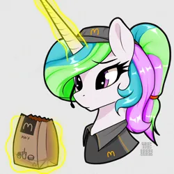 Size: 1280x1280 | Tagged: safe, artist:theuser, derpibooru import, princess celestia, alicorn, pony, bag, bust, derpibooru exclusive, image, magic, mcdonald's, paper bag, png, ponytail, solo, telekinesis