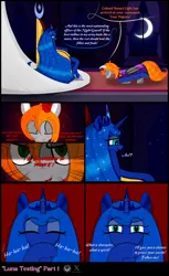Size: 3811x6209 | Tagged: safe, artist:truedepressed, derpibooru import, part of a set, princess luna, oc, alicorn, bat pony, pony, anatomically incorrect, armor, comic, dialogue, ethereal mane, image, impossibly long mane, incorrect leg anatomy, jpeg, kneeling, long mane, looking at each other, looking at someone, looking at you, moon, night, smiling, starry mane, throne