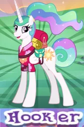 Size: 540x808 | Tagged: safe, derpibooru import, edit, princess celestia, alicorn, pony, alternate hairstyle, bag, caption, clothes, cropped, expand dong, exploitable meme, female, g4, gameloft, hooker, image, image macro, implied prostitution, jpeg, mare, meme, my little pony: magic princess, shirt, smiling, solo, text, wow! glimmer