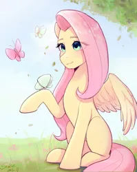 Size: 1726x2168 | Tagged: safe, artist:xiaowu07, derpibooru import, fluttershy, butterfly, insect, pegasus, pony, cute, female, g4, image, jpeg, mare, sitting, smiling, solo