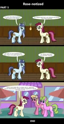 Size: 1920x3688 | Tagged: safe, artist:platinumdrop, derpibooru import, daisy, flower wishes, lily, lily valley, roseluck, oc, oc:spiral swirl, earth pony, pony, unicorn, comic:rose-notized, 3 panel comic, comic, commission, dialogue, duo, female, hypnosis, image, magic, mare, png, speech bubble, telekinesis, trio, watch