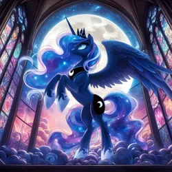 Size: 1536x1536 | Tagged: safe, ai content, derpibooru import, machine learning generated, princess luna, alicorn, pony, cloud, dreamscape, ethereal mane, ethereal tail, female, full moon, g4, generator:dall-e 3, hoof shoes, image, jewelry, looking up, mare, moon, png, praise the moon, prompter:tyto4tme4l, rearing, regalia, smiling, solo, spread wings, stained glass, starry mane, starry tail, stars, tail, window, wings