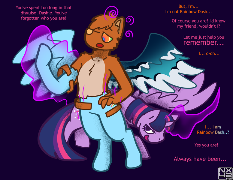 Size: 3850x2975 | Tagged: safe, artist:boundbrush, derpibooru import, rainbow dash, twilight sparkle, twilight sparkle (alicorn), oc, alicorn, pegasus, abstract background, dialogue, furry, hypnosis, image, magic, png, spread wings, transformation, wings