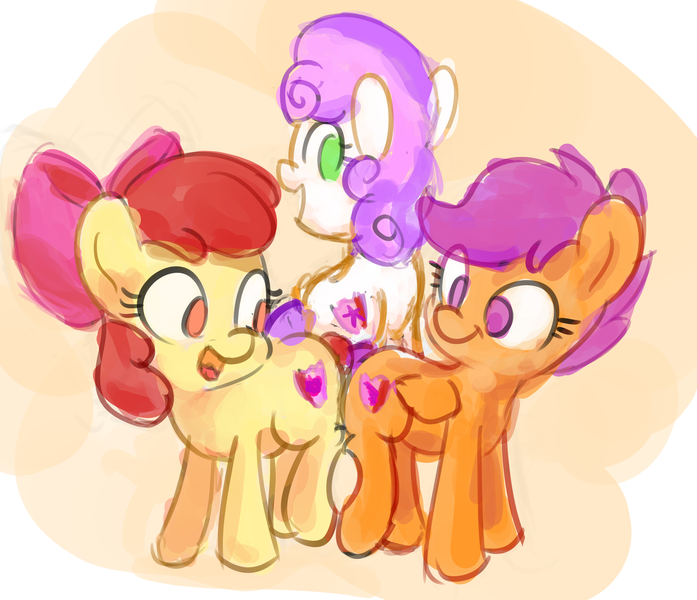 Size: 2386x2055 | Tagged: safe, artist:aemantaslim, derpibooru import, apple bloom, scootaloo, sweetie belle, earth pony, pegasus, pony, unicorn, crusaders of the lost mark, apple bloom's bow, atg 2019, bow, butt to butt, butt touch, cutie mark, cutie mark crusaders, female, filly, foal, g4, hair bow, high res, image, newbie artist training grounds, no pupils, open mouth, open smile, png, smiling, the cmc's cutie marks, trio, trio female