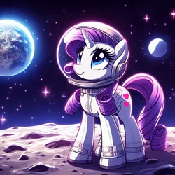 Size: 1024x1024 | Tagged: prompter needed, safe, ai content, derpibooru import, machine learning generated, rarity, pony, unicorn, astronaut, earth, female, g4, generator:bing image creator, generator:dall-e 3, image, jpeg, mare, moon, solo, space, space helmet, spacesuit, tail