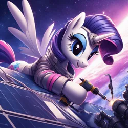 Size: 1024x1024 | Tagged: prompter needed, safe, ai content, derpibooru import, machine learning generated, rarity, alicorn, pony, alicornified, astronaut, female, g4, generator:bing image creator, generator:dall-e 3, image, jpeg, mare, planet, race swap, raricorn, satellite, solar battery, solar panel, solo, space, spacesuit, spread wings, tail, wings