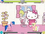 Size: 994x746 | Tagged: safe, artist:tom artista, derpibooru import, angel bunny, firefly, fluttershy, rainbow dash, cat, dog, pegasus, pony, fighting is magic, background, bipedal, fan game, g4, hello kitty, image, jpeg, new, pink, plant, room, stage