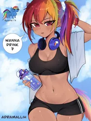 Size: 1620x2160 | Tagged: safe, artist:adramallih, derpibooru import, rainbow dash, human, pegasus, pony, belly button, clothes, erect nipples, female, human ponidox, humanized, image, mare, nipple outline, png, ponytail, question, self paradox, self ponidox, shorts, speech bubble, sports bra, sports shorts, sweat, sweatdrops, towel, water