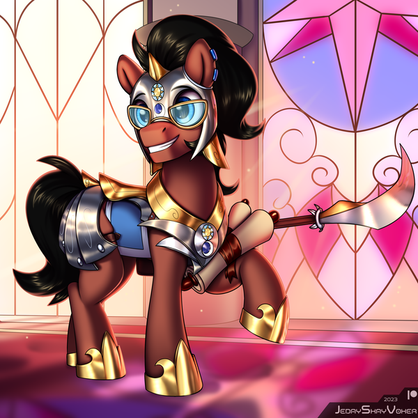 Size: 3000x3000 | Tagged: safe, artist:jedayskayvoker, derpibooru import, oc, oc:benjamin terrance tover, earth pony, pony, armor, armor skirt, armored pony, clothes, commission, cute, earth pony oc, glasses, image, male, png, raised hoof, royal guard, scroll, shiny, skirt, smiling, solo, spear, stained glass, stallion, weapon