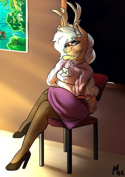 Size: 3508x4961 | Tagged: safe, artist:mekblue, derpibooru import, oc, oc:karolin, unofficial characters only, deer, reindeer, antlers, chalk, chalkboard, chest fluff, clothes, crossed legs, glasses, high heels, image, looking at you, map, png, professor, reindeer antlers, school, shirt, shoes, sitting, skirt, socks, solo