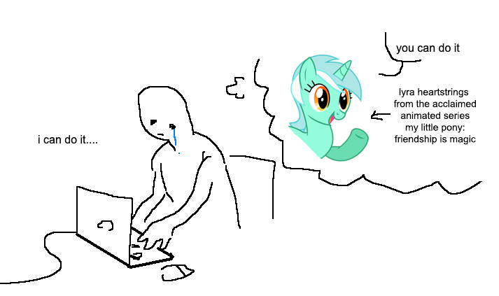 Size: 713x423 | Tagged: safe, artist:doctor-derpy, derpibooru import, edit, editor:pink amena, lyra heartstrings, human, pony, unicorn, computer, crying, image, jpeg, laptop computer, meme, ponified meme, positive ponies, sad, smiling, thought bubble