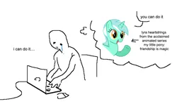Size: 713x423 | Tagged: safe, artist:doctor-derpy, derpibooru import, edit, editor:pink amena, lyra heartstrings, human, pony, unicorn, computer, crying, image, jpeg, laptop computer, meme, ponified meme, positive ponies, sad, smiling, thought bubble