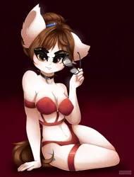 Size: 1280x1683 | Tagged: suggestive, artist:natanvok, derpibooru import, raven, anthro, earth pony, bra, breasts, cleavage, clothes, collar, ear fluff, erect nipples, eye clipping through hair, eyebrows, eyebrows visible through hair, female, garter, glasses, image, jpeg, looking at you, nipple outline, panties, pencil, smiling, solo, solo female, strapless bra, underwear
