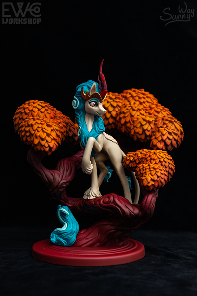 Size: 1600x2400 | Tagged: safe, artist:ewc workshop, artist:sunny way, derpibooru import, rain shine, kirin, 3d print, artwork, autumn, concave belly, craft, figurine, full body, happy, hoof fluff, hooves, horn, image, irl, jewelry, leaves, long horn, long tail, muscles, painting, photo, png, queen, regalia, ribs, sculpture, slim, smiling, solo, statue, tail, thin, tree, unshorn fetlocks