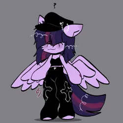 Size: 1111x1111 | Tagged: safe, artist:cutiesparke, derpibooru import, twilight sparkle, pegasus, semi-anthro, :3, accessory, alternate hairstyle, clothes, female, hat, image, pants, pegasus twilight sparkle, png, question mark, race swap, short shirt, solo, standing