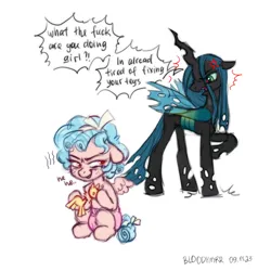 Size: 3000x3000 | Tagged: safe, artist:bloodymrr, derpibooru import, cozy glow, queen chrysalis, changeling, pegasus, pony, abdl, angry, bow, broken, dialogue, dialogue box, diaper, diaper fetish, fetish, floppy ears, g4, gloating, hair bow, image, laughing, png, simple background, smiling, stamp, stomping, talking, toy, white background, wings
