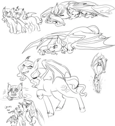 Size: 734x800 | Tagged: safe, artist:mew, derpibooru import, oc, oc:riptide, oc:shroudtrott, unofficial characters only, bat pony, pony, colt, female, filly, foal, image, male, monochrome, png