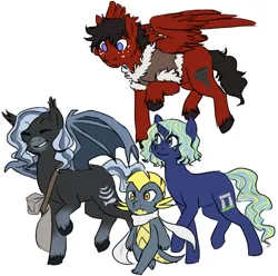 Size: 548x544 | Tagged: safe, artist:mew, derpibooru import, oc, oc:agate shine, oc:bowie echo, oc:callus, oc:riptide, unofficial characters only, bat pony, dragon, pegasus, pony, unicorn, female, image, mare, png
