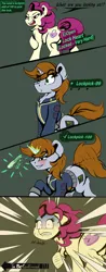 Size: 3200x8200 | Tagged: safe, artist:singovih, derpibooru import, lock heart, oc, oc:littlepip, earth pony, pony, unicorn, fallout equestria, barrette, blushing, clothes, comic, female, image, jojo reference, jojo's bizarre adventure, las pegasus resident, looking at you, magic, mare, png, screwdriver, simple background, smiling, tail, tail wag, telekinesis, text, to be continued