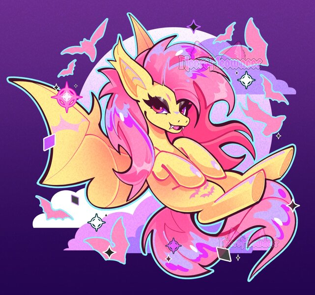 Size: 1500x1405 | Tagged: safe, artist:necromeowncer, derpibooru import, fluttershy, bat pony, pegasus, bat ponified, female, flutterbat, image, jpeg, looking at you, race swap, smiling, smiling at you, spread wings, wings