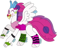 Size: 2800x2293 | Tagged: safe, artist:supahdonarudo, derpibooru import, queen novo, classical hippogriff, hippogriff, my little pony: the movie, bracelet, clothes, ear piercing, earring, five nights at freddy's, five nights at freddy's: security breach, food, glam rock, glamrock chica, image, jewelry, leggings, leopard print, leotard, lipstick, makeup, piercing, pizza, png, simple background, spiked wristband, transparent background, wristband, zebra print