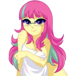 Size: 1092x1134 | Tagged: suggestive, artist:rosemile mulberry, derpibooru import, sour sweet, human, equestria girls, bangs, breasts, busty sour sweet, cleavage, clothes, eyeshadow, female, freckles, glasses, image, lip gloss, looking at you, makeup, png, simple background, smiling, smiling at you, towel, white background