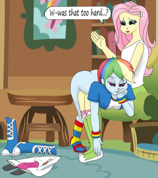 Size: 1000x1125 | Tagged: suggestive, artist:ashleyotk, derpibooru import, fluttershy, rainbow dash, human, equestria girls, ass, boots, butt, clothes, disappointed, fluttershy trying and failing to be a dom, high heel boots, image, jacket, jpeg, over the knee, rainbutt dash, shirt, shoes, skirt, socks, spanking, vest