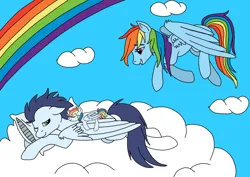 Size: 1018x720 | Tagged: safe, artist:dasher666, artist:tinuleaf, derpibooru import, edit, rainbow dash, soarin', oc, oc:white whirl, pegasus, pony, baby, baby pony, cloud, female, filly, flying, foal, image, male, mare, offspring, parent:rainbow dash, parent:soarin', parents:soarindash, png, shipping, soarindash, stallion, straight