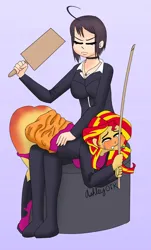 Size: 723x1200 | Tagged: suggestive, artist:ashleyotk, derpibooru import, sunset shimmer, oc, human, equestria girls, blushing, boots, clothes, crying, embarrassed, high heel boots, image, jacket, jpeg, over the knee, paddle, paddling, panties, panties around legs, panties pulled down, reddened butt, shirt, shoes, skirt, skirt lift, spank mark, spanked, spanking, underwear