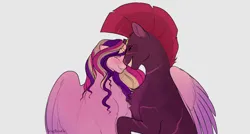Size: 2300x1233 | Tagged: safe, artist:lesghostie, derpibooru import, princess cadance, tempest shadow, alicorn, pony, unicorn, crying, duo, duo female, eyes closed, female, horn, horn ring, image, infidelity, jewelry, lesbian, nuzzling, png, ring, shipping, simple background, smiling, tears of joy, tempestdance, wedding ring, white background