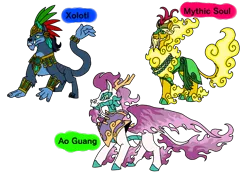 Size: 1414x1000 | Tagged: safe, artist:zetikoopa, derpibooru import, oc, oc:ao guang, oc:mythic soul, oc:xolotl, unofficial characters only, ahuizotl (species), dragon, hybrid, kirin, longma, pony, antlers, beard, chest fluff, chestplate, chin fluff, cloven hooves, colored hooves, cuffs (clothes), cyan eyes, facial hair, fangs, female, fiery wings, green eyes, image, immortal, jewelry, kirin oc, leonine tail, male, necklace, pale belly, png, rulers of past, simple background, slit pupils, stallion, tail, tail hand, transparent background, trio, tusk, wings