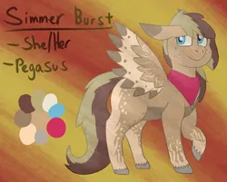 Size: 2000x1610 | Tagged: safe, artist:lil_vampirecj, derpibooru import, oc, oc:simmer burst, unofficial characters only, pegasus, pony, bandana, blue eyes, chest fluff, digital art, female, fluffy, fur, gradient background, hooves, image, krita, mane, mare, png, reference sheet, solo, spread wings, tail, unshorn fetlocks, wings