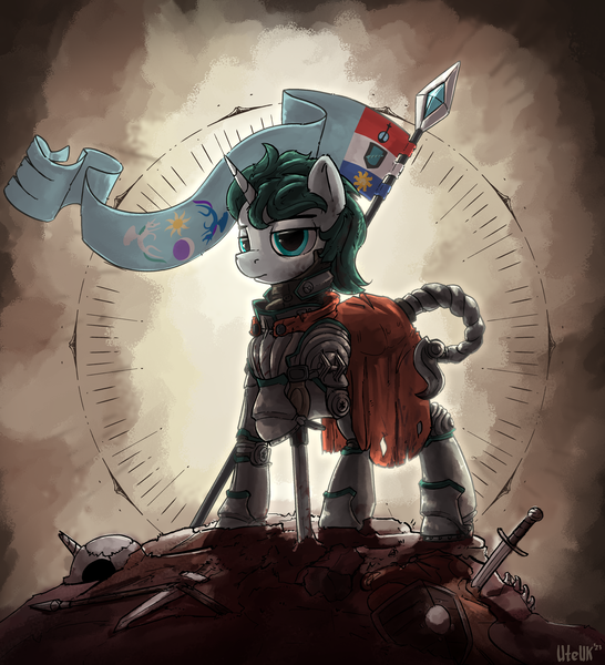 Size: 3654x4014 | Tagged: safe, artist:uteuk, derpibooru import, oc, oc:aquaria lance, unofficial characters only, pony, unicorn, armor, banner, cape, clothes, flag, horn, image, png, power armor, skull, solo, spear, sword, weapon