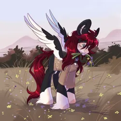 Size: 3000x3000 | Tagged: safe, artist:k0potb, derpibooru import, oc, unofficial characters only, earth pony, pegasus, pony, autumn, blushing, bush, choker, clothes, cloud, cute, ear piercing, earring, ears up, earth pony oc, eyebrows, female, field, flower, forest, grass, grass field, gray eyes, high res, image, jewelry, leaves, nature, pegasus oc, piercing, png, red hair, sky, solo, spread wings, sweater, tree, wings