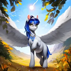 Size: 3072x3072 | Tagged: safe, ai content, derpibooru import, machine learning generated, stable diffusion, oc, oc:sky slicer, unofficial characters only, pegasus, pony, autumn, blue mane, fancy, female, field, generator:purplesmart.ai, glow, glowing eyes, hair up, image, jewelry, jpeg, looking at you, mare, messy mane, mountain, mountain range, necklace, pegasus oc, pregnant, prompter:skyslicer, solo, spread wings, sun, white body, wings, yellow eyes