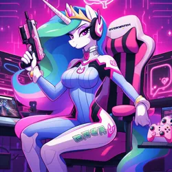 Size: 1024x1024 | Tagged: prompter needed, safe, ai content, derpibooru import, machine learning generated, princess celestia, alicorn, anthro, bodysuit, breasts, busty princess celestia, clothes, cosplay, costume, d.va, generator:dall-e 3, image, jpeg, overwatch