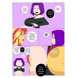 Size: 2300x2336 | Tagged: suggestive, artist:jake--jaccobus, derpibooru import, sunset shimmer, oc, oc:becca, human, comic:inner thoughts, equestria girls, belly, belly button, belly to belly, big belly, breasts, bump, bumping, clothes, comic, crying, duo, duo female, female, huge belly, image, png, pregnant, scarf, shocked, shocked expression, sweater, tears of joy, telepathy, wardrobe malfunction