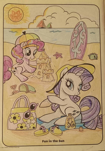 Size: 745x1073 | Tagged: safe, artist:starrscout-23, derpibooru import, pinkie pie, rarity, earth pony, pony, unicorn, beach, beach towel, coloring, coloring page, duo, eyeshadow, female, hat, image, jpeg, makeup, mare, sailboat, seashell, shading, shadow, sitting, stock vector, sun hat, sunscreen, surfboard, towel, umbrella hat, when you see it