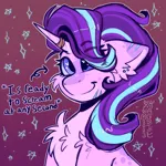 Size: 3500x3500 | Tagged: safe, artist:yumkandie, derpibooru import, starlight glimmer, pony, unicorn, bandage, cheek fluff, chest fluff, ear fluff, ear piercing, image, piercing, png, scar, smiling, solo, text, wingding eyes